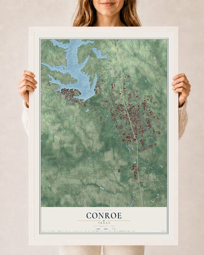 Map of Conroe, Texas, 24 x 36 inch print in a white wood frame