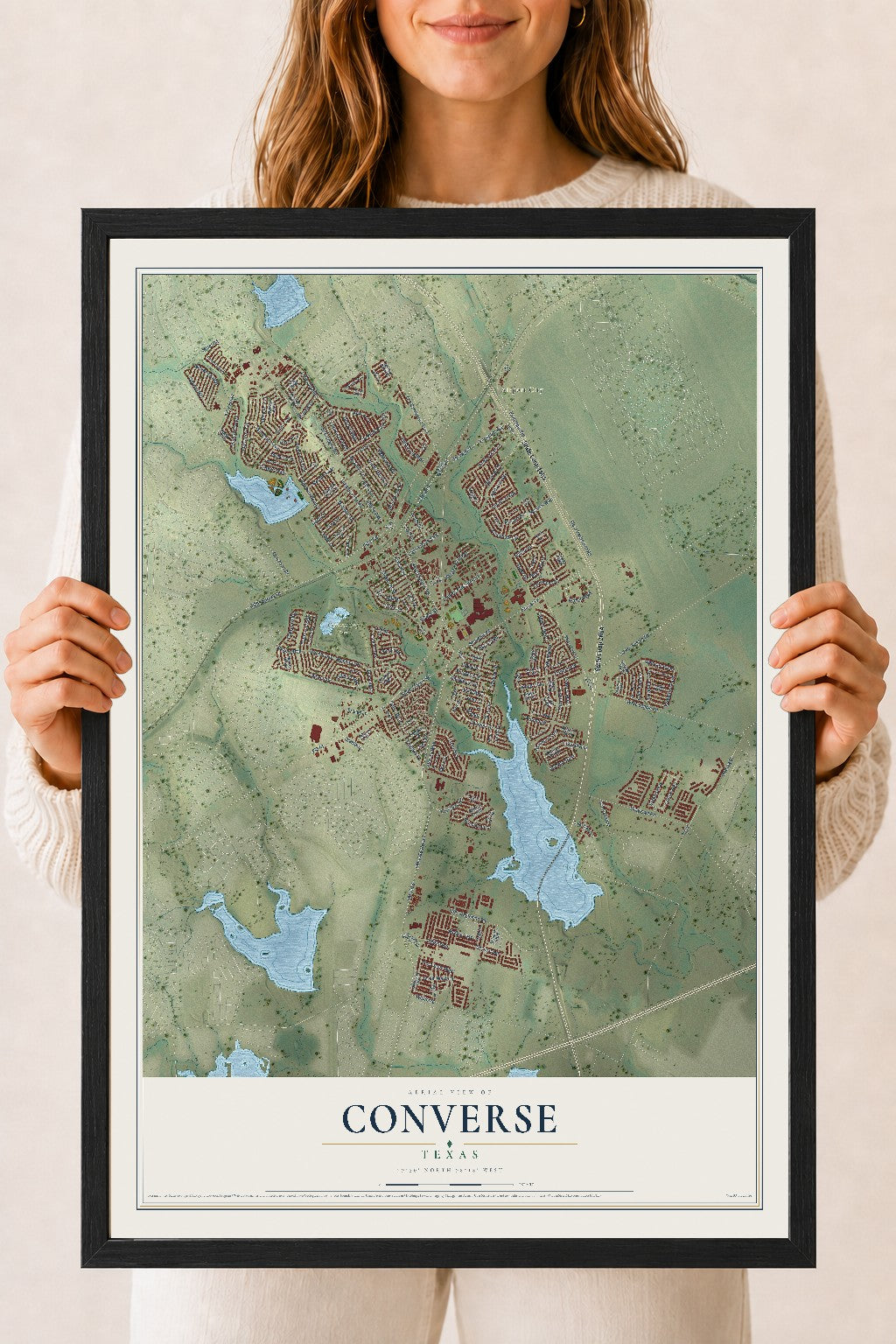 Map of Converse, Texas, 18 x 24 inch print in a black wood frame