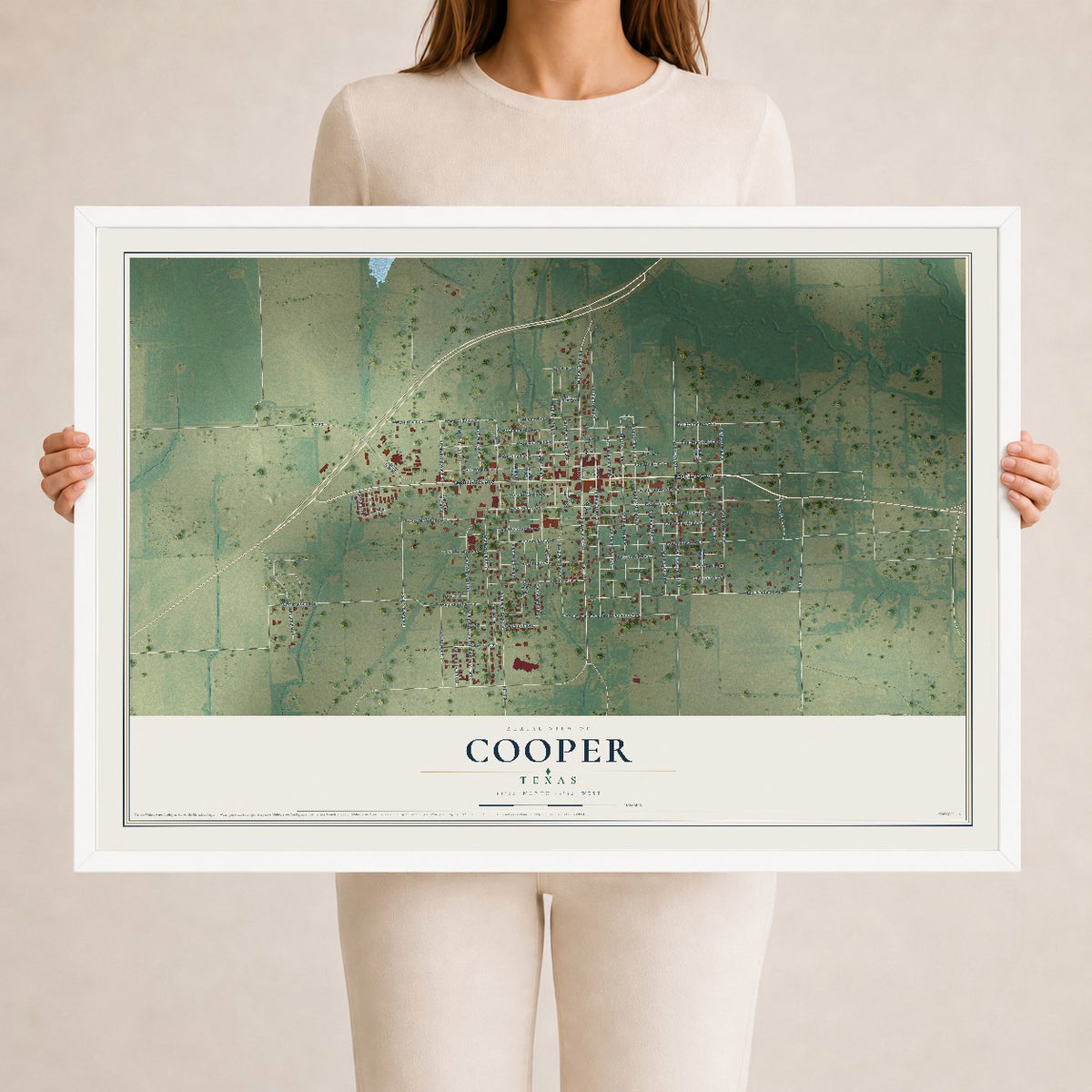Map of Cooper, Texas, 24 x 36 inch print in a white wood frame