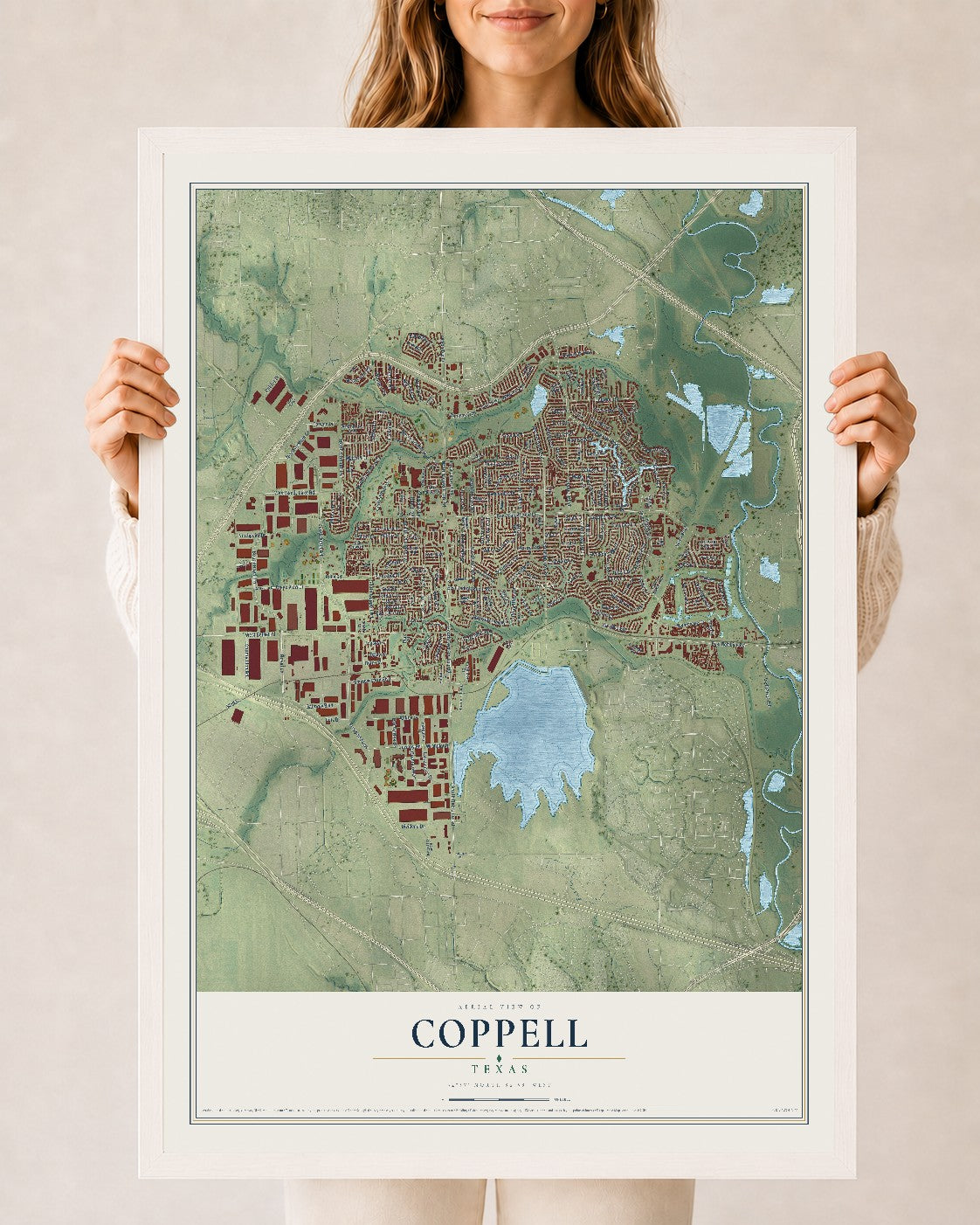 Map of Coppell, Texas, 24 x 36 inch print in a white wood frame