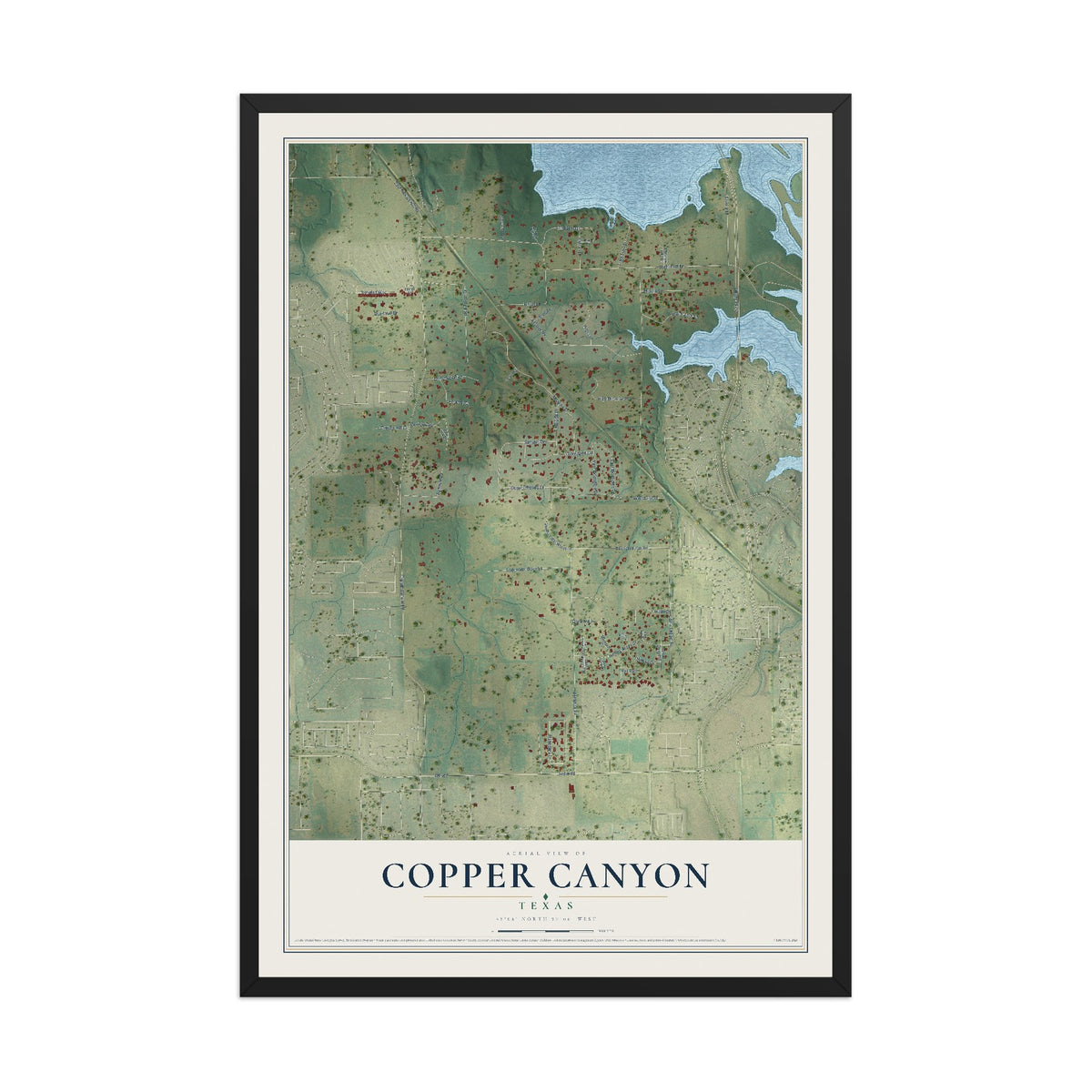 Map of Copper Canyon, Texas, 12 x 18 inch print in a black wood frame