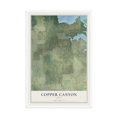 Map of Copper Canyon, Texas, 12 x 18 inch print in a white wood frame