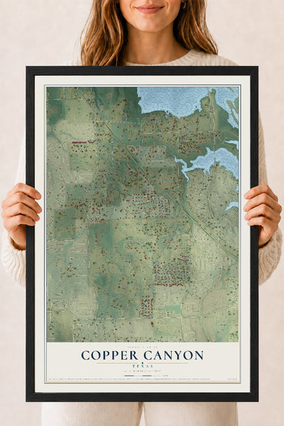 Map of Copper Canyon, Texas, 18 x 24 inch print in a black wood frame