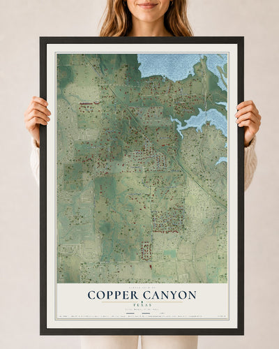 Map of Copper Canyon, Texas, 24 x 36 inch print in a black wood frame