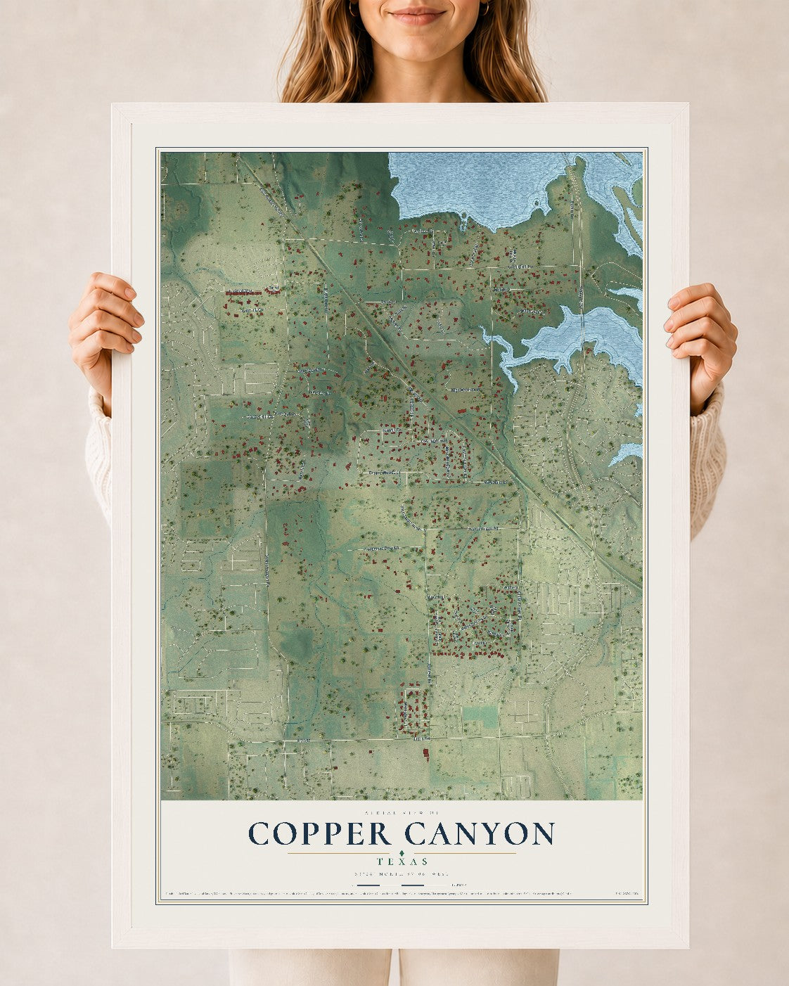 Map of Copper Canyon, Texas, 24 x 36 inch print in a white wood frame