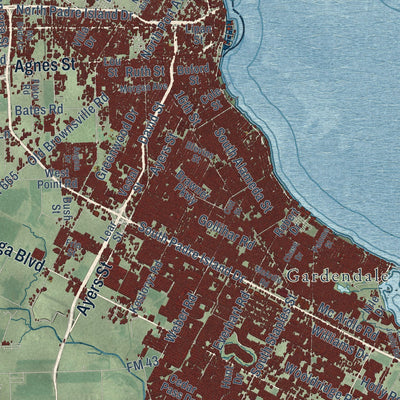 Close-up of the map of Corpus Christi, Texas print showing street and building detail