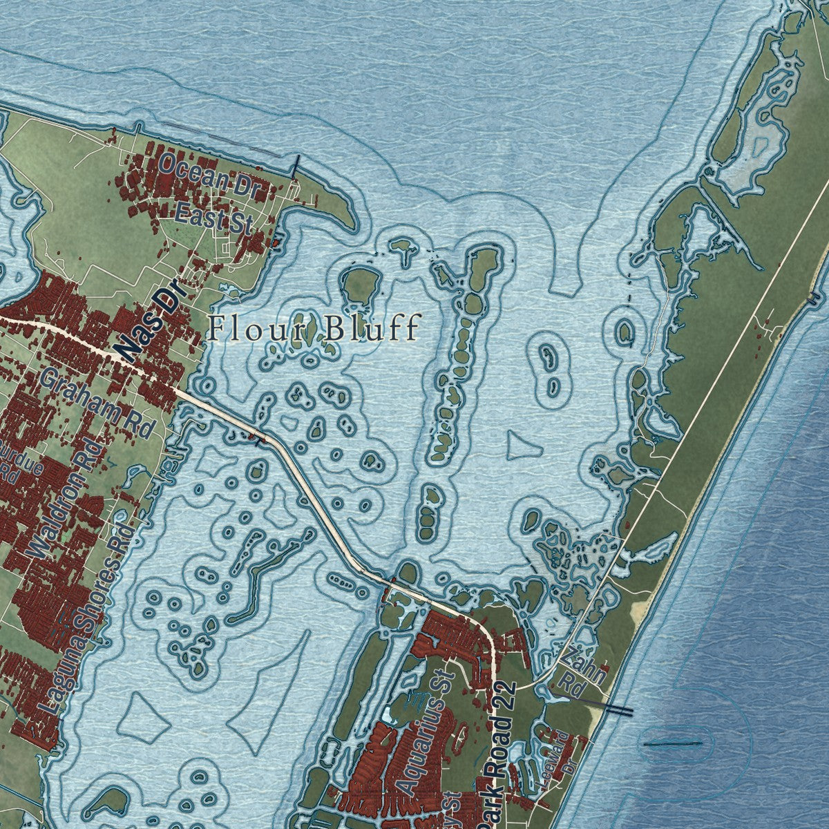 Second close-up of the map of Corpus Christi, Texas print showing more streets and buildings