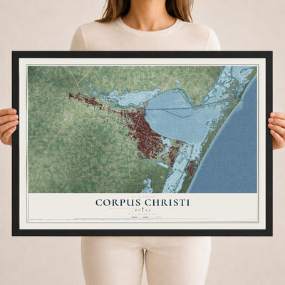 Map of Corpus Christi, Texas, 18 x 24 inch print in a black wood frame