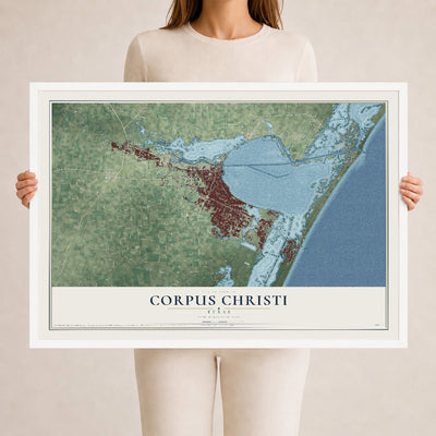 Map of Corpus Christi, Texas, 24 x 36 inch print in a white wood frame
