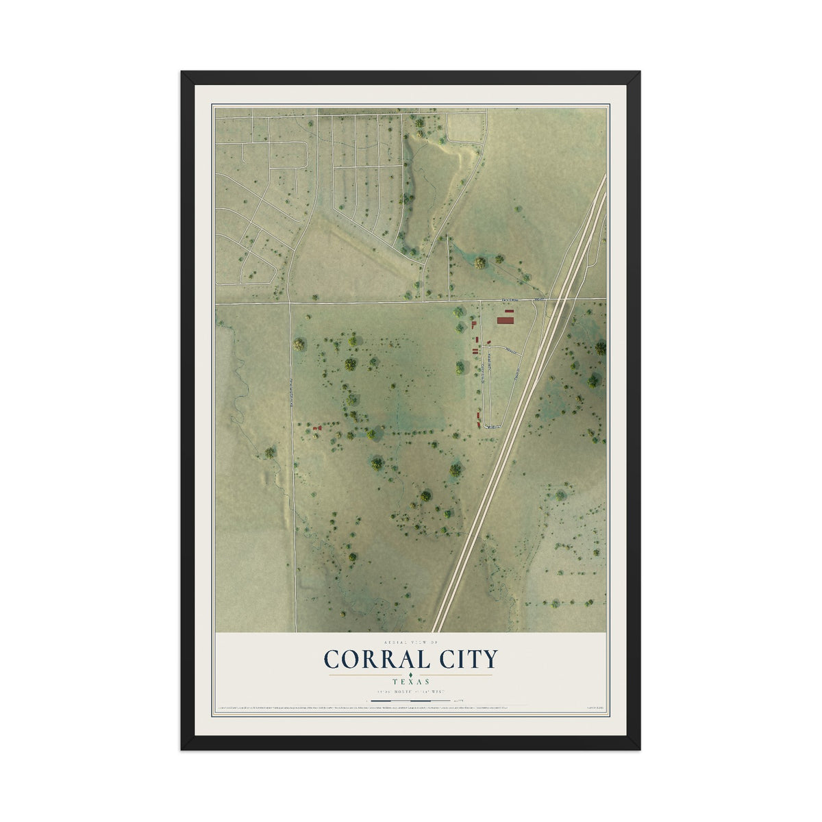 Map of Corral City, Texas, 12 x 18 inch print in a black wood frame