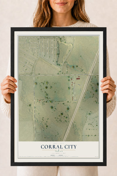 Map of Corral City, Texas, 18 x 24 inch print in a black wood frame