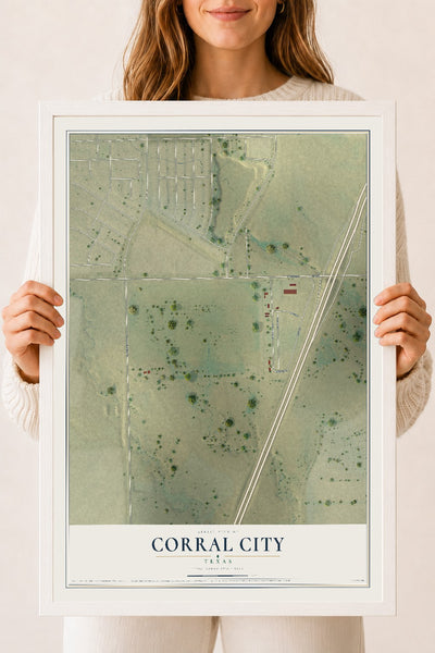 Map of Corral City, Texas, 18 x 24 inch print in a white wood frame