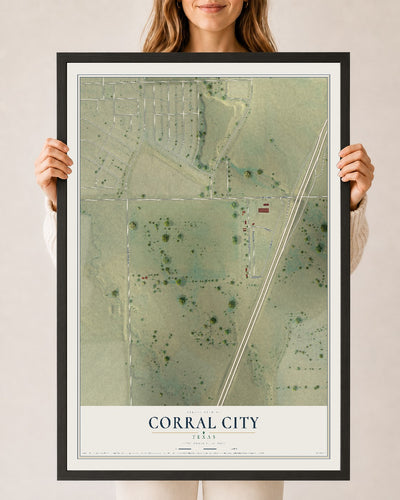 Map of Corral City, Texas, 24 x 36 inch print in a black wood frame