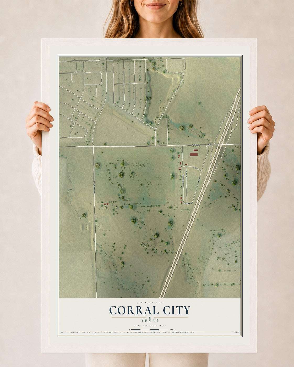 Map of Corral City, Texas, 24 x 36 inch print in a white wood frame