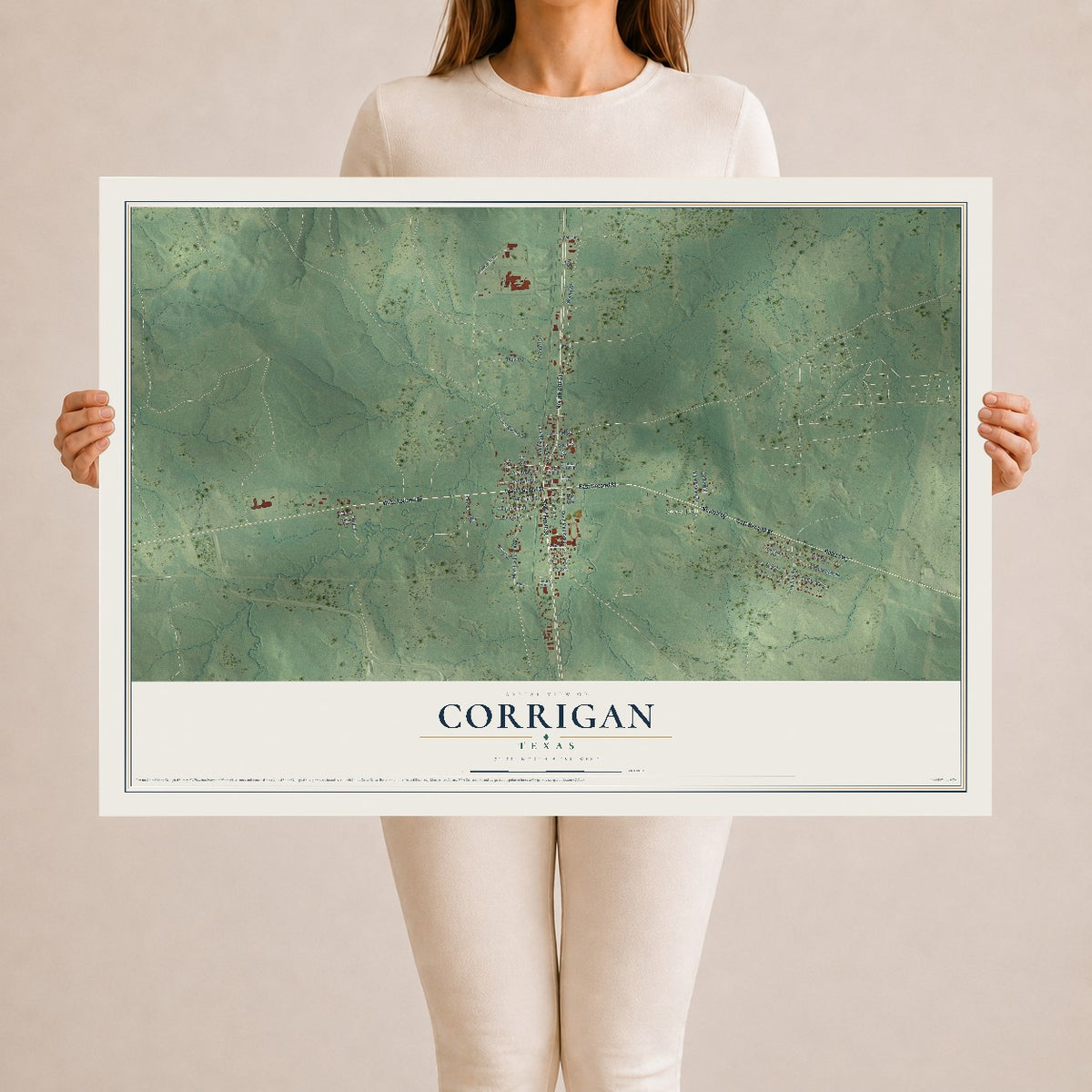 Map of Corrigan, Texas, 24 x 36 inch unframed archival matte print