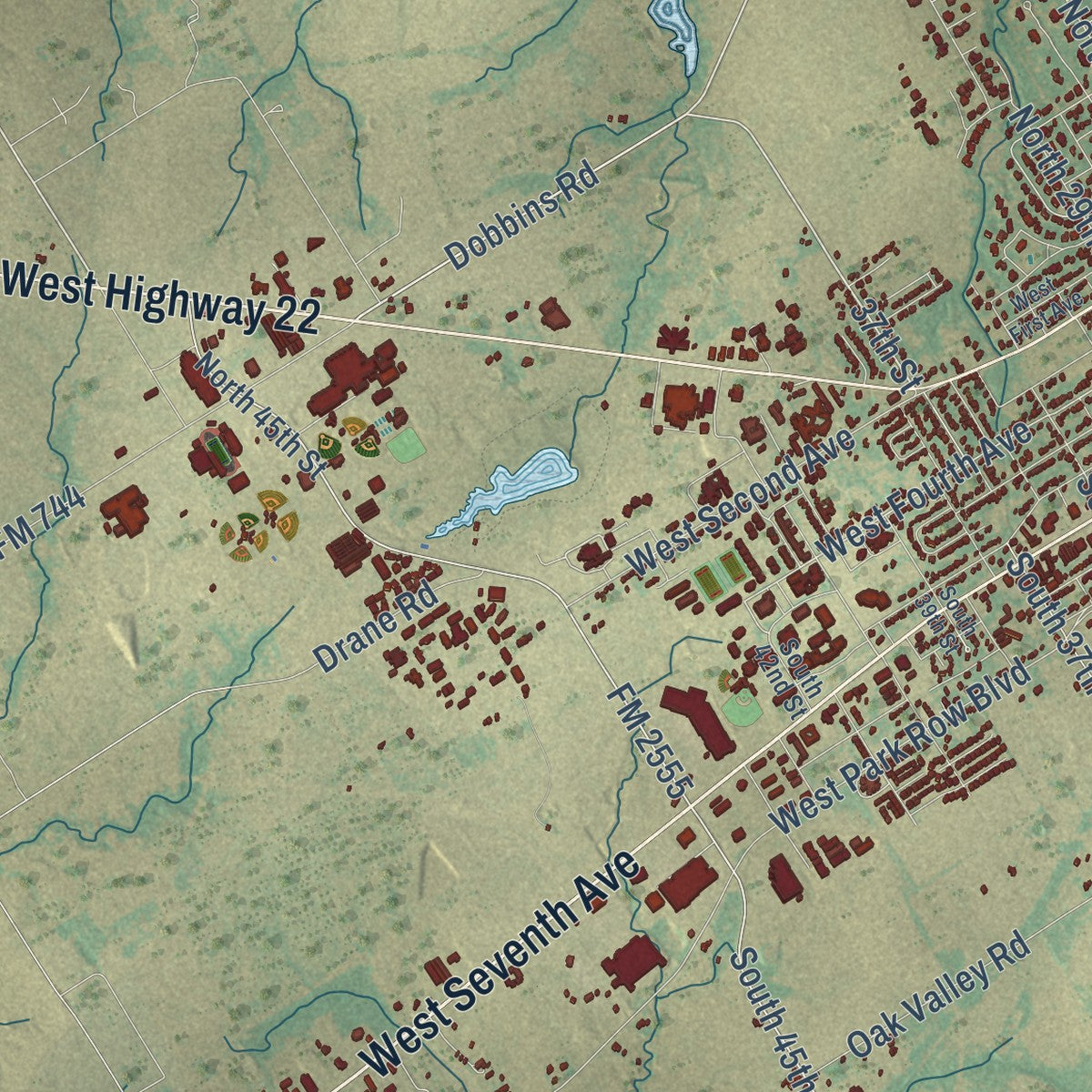 Second close-up of the map of Corsicana, Texas print showing more streets and buildings