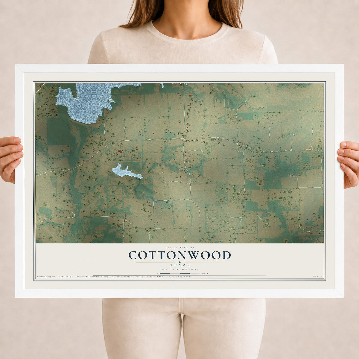Map of Cottonwood, Texas, 18 x 24 inch print in a white wood frame