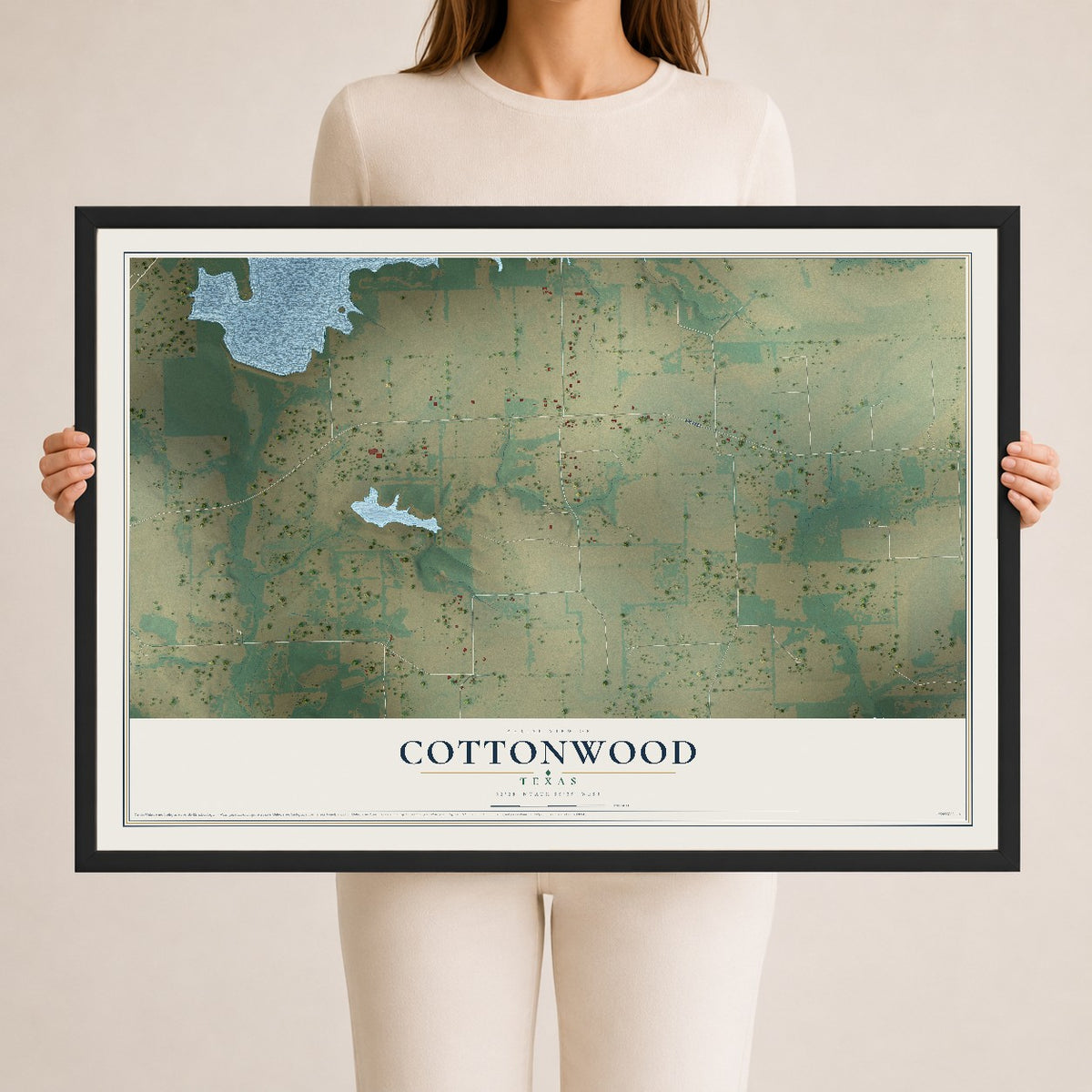 Map of Cottonwood, Texas, 24 x 36 inch print in a black wood frame