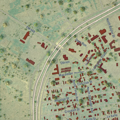 Second close-up of the map of Cotulla, Texas print showing more streets and buildings