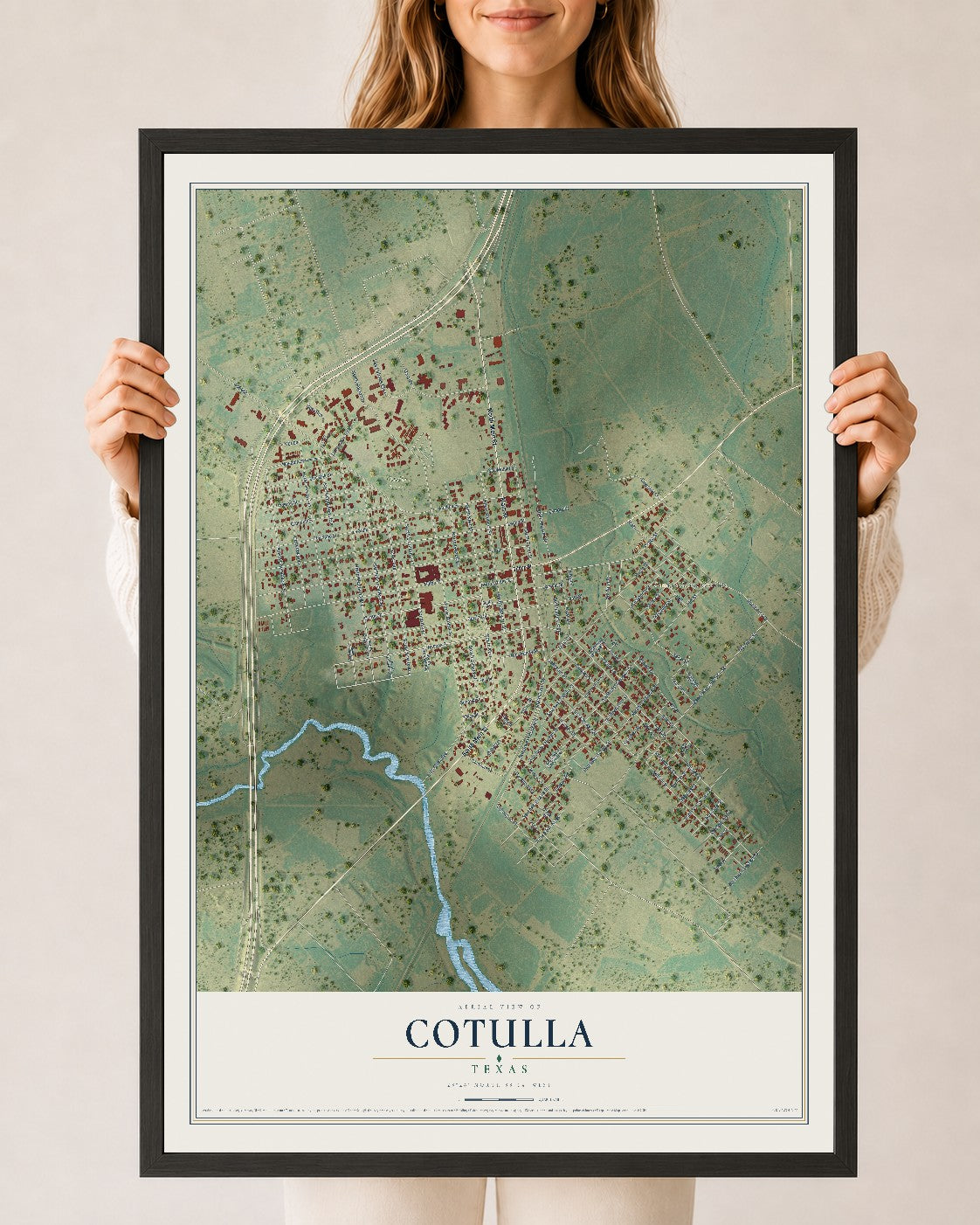 Map of Cotulla, Texas, 24 x 36 inch print in a black wood frame