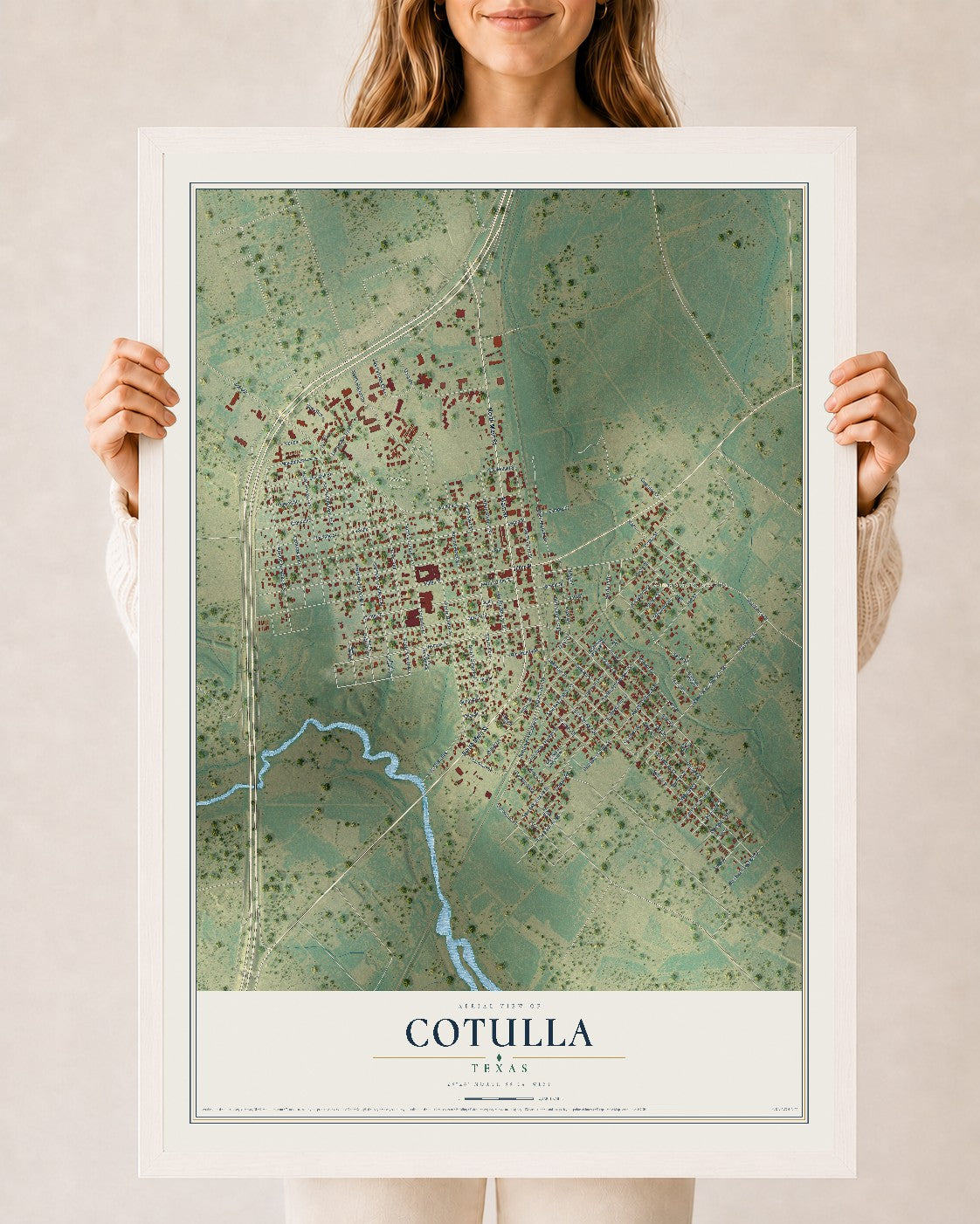 Map of Cotulla, Texas, 24 x 36 inch print in a white wood frame
