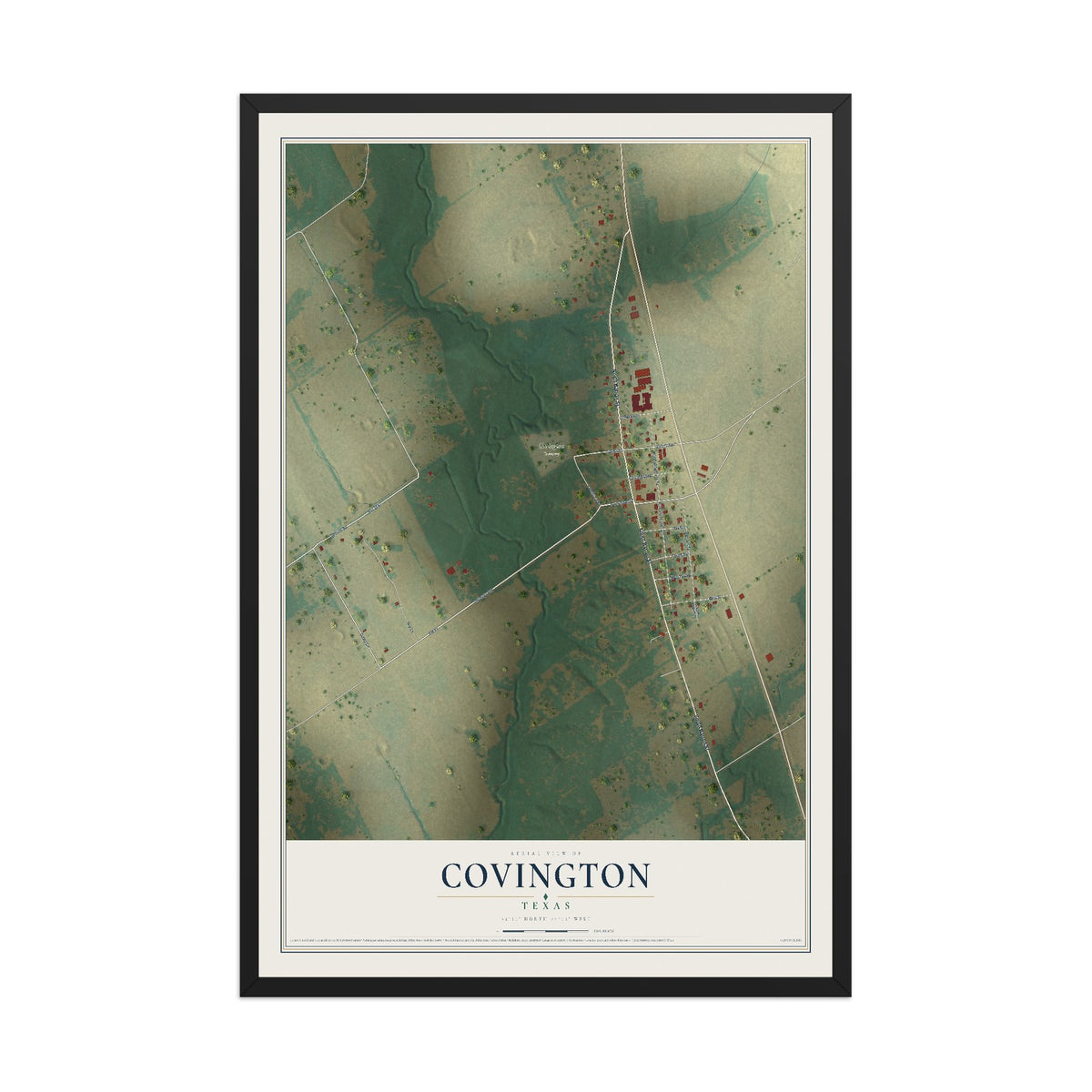 Map of Covington, Texas, 12 x 18 inch print in a black wood frame