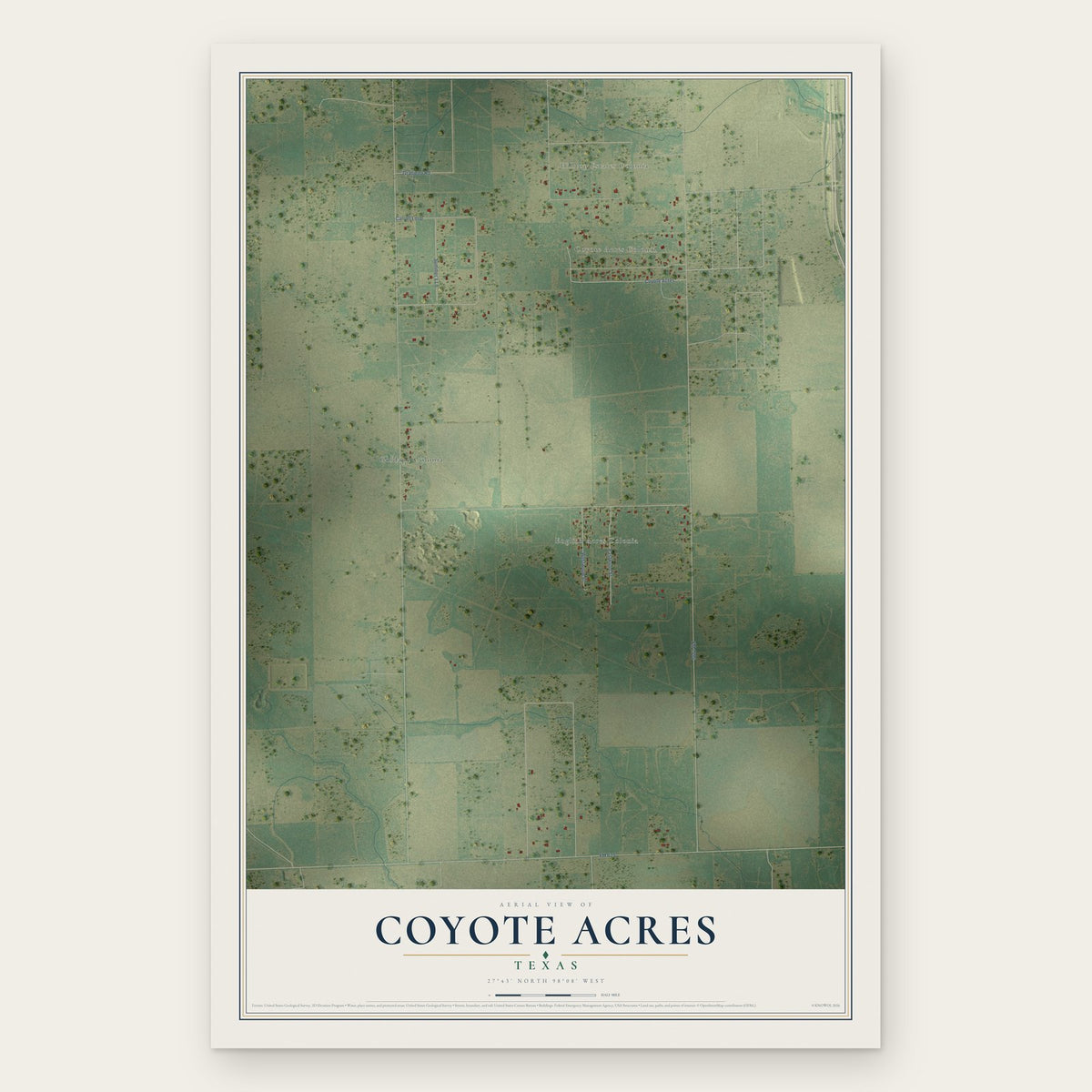 Coyote Acres, Texas map print, the full design