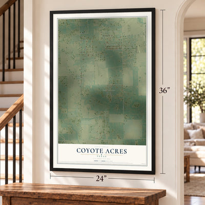 Coyote Acres, Texas map, 24 x 36 inch print in a black frame by a staircase