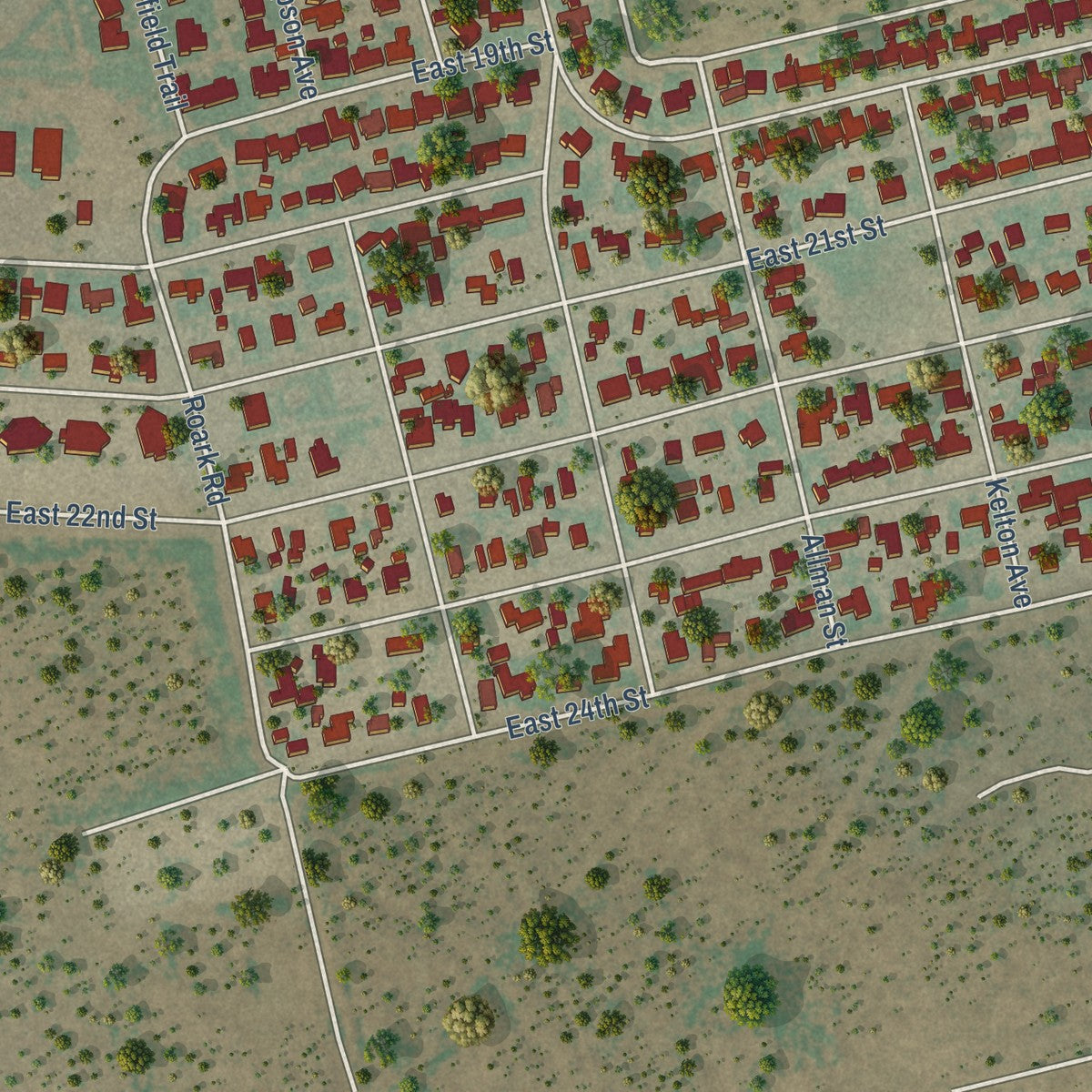 Second close-up of the map of Crane, Texas print showing more streets and buildings