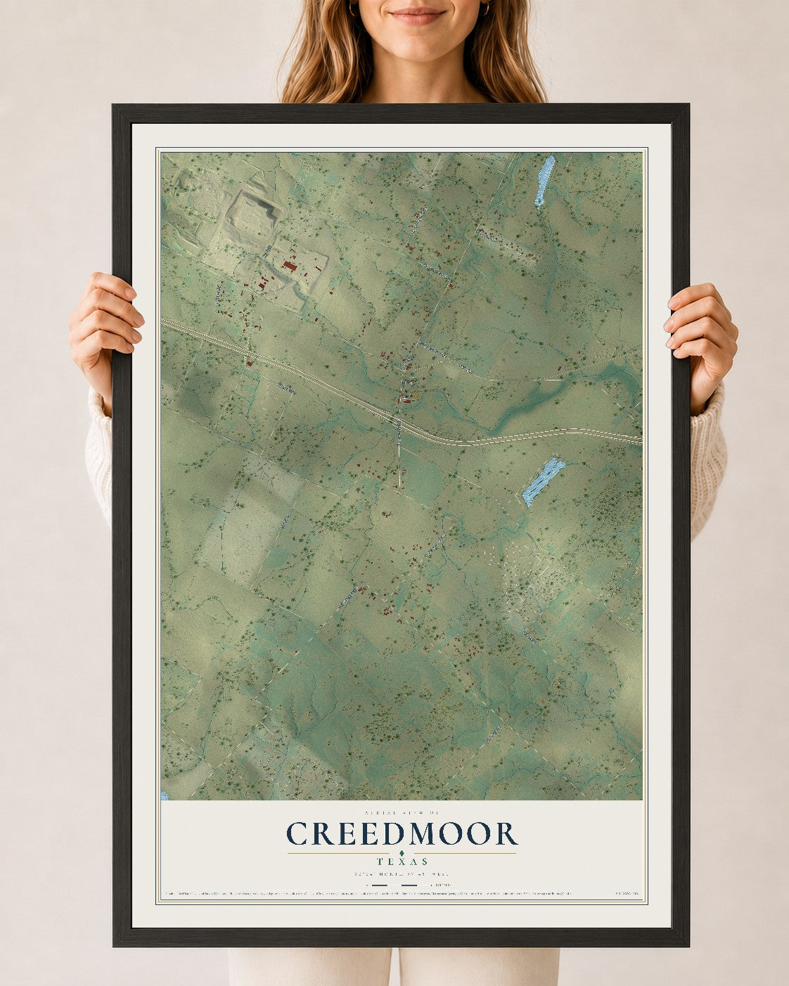 Map of Creedmoor, Texas, 24 x 36 inch print in a black wood frame