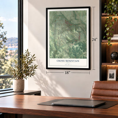 Cross Mountain, Texas map, 18 x 24 inch print in a black frame in a home office