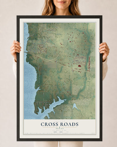 Map of Cross Roads, Texas, 24 x 36 inch print in a black wood frame