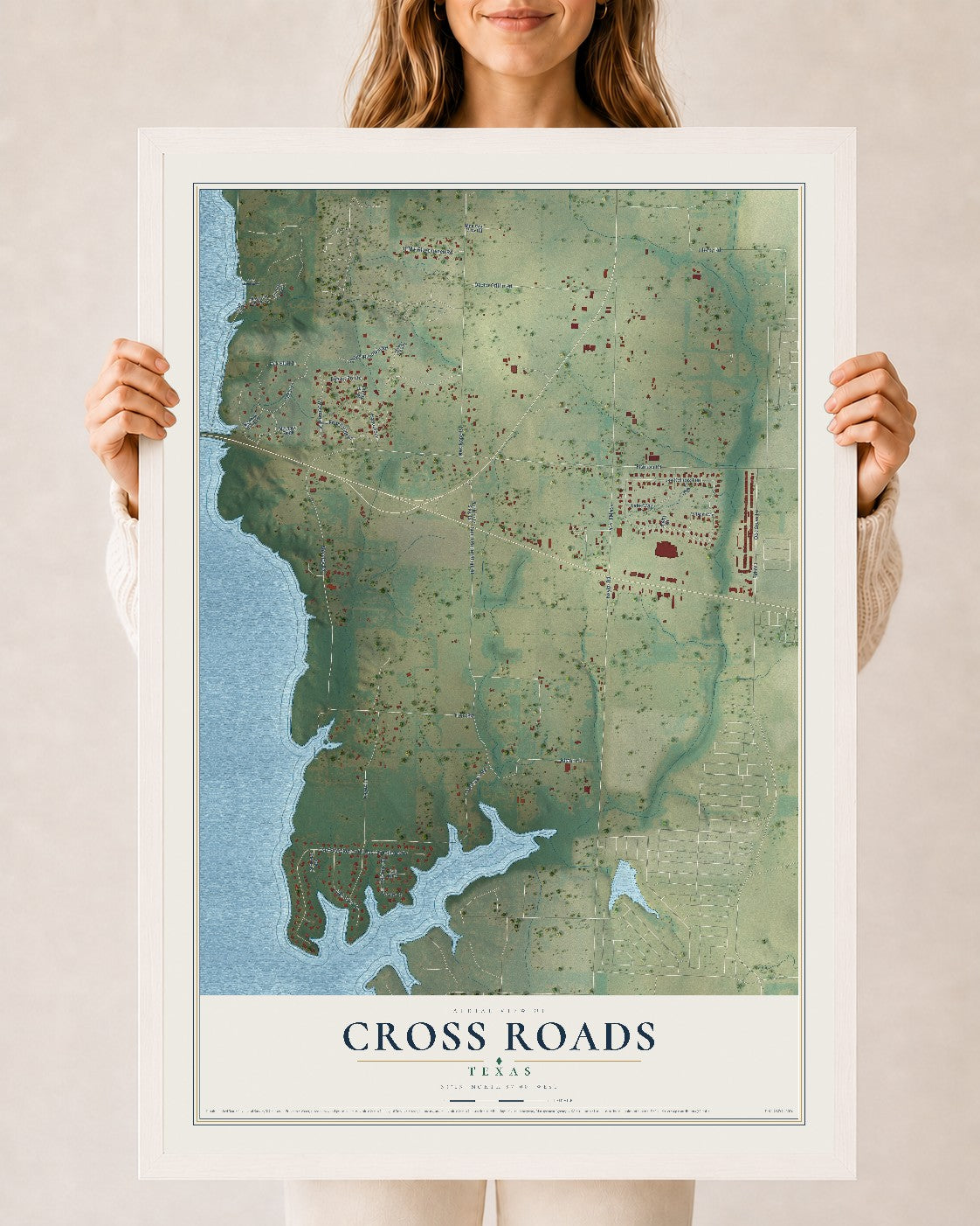 Map of Cross Roads, Texas, 24 x 36 inch print in a white wood frame