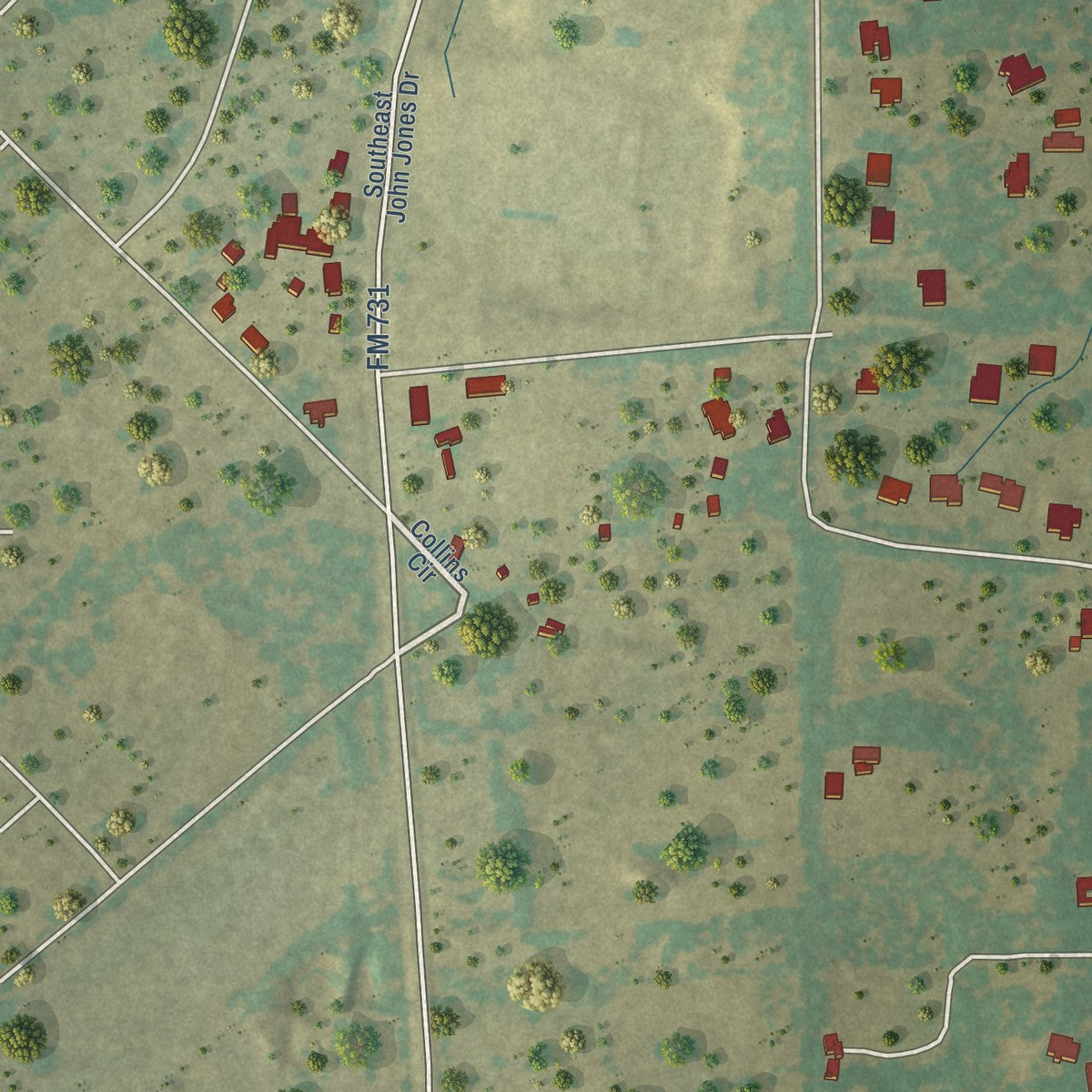 Close-up of the map of Cross Timber, Texas print showing street and building detail