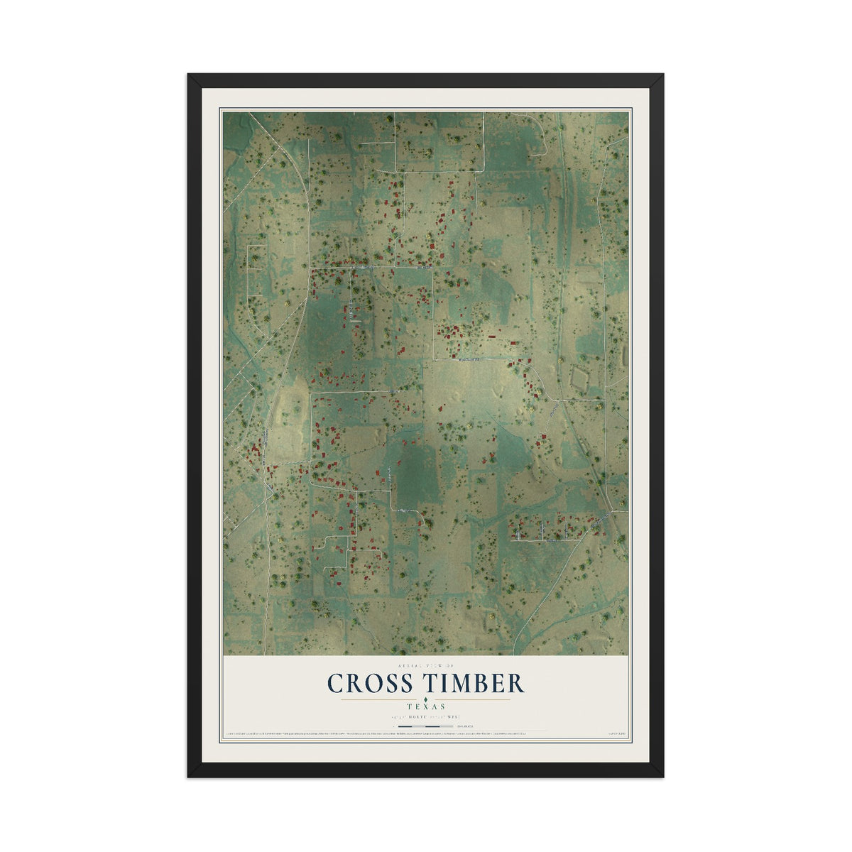 Map of Cross Timber, Texas, 12 x 18 inch print in a black wood frame