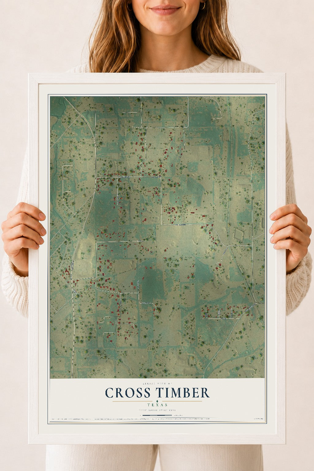Map of Cross Timber, Texas, 18 x 24 inch print in a white wood frame