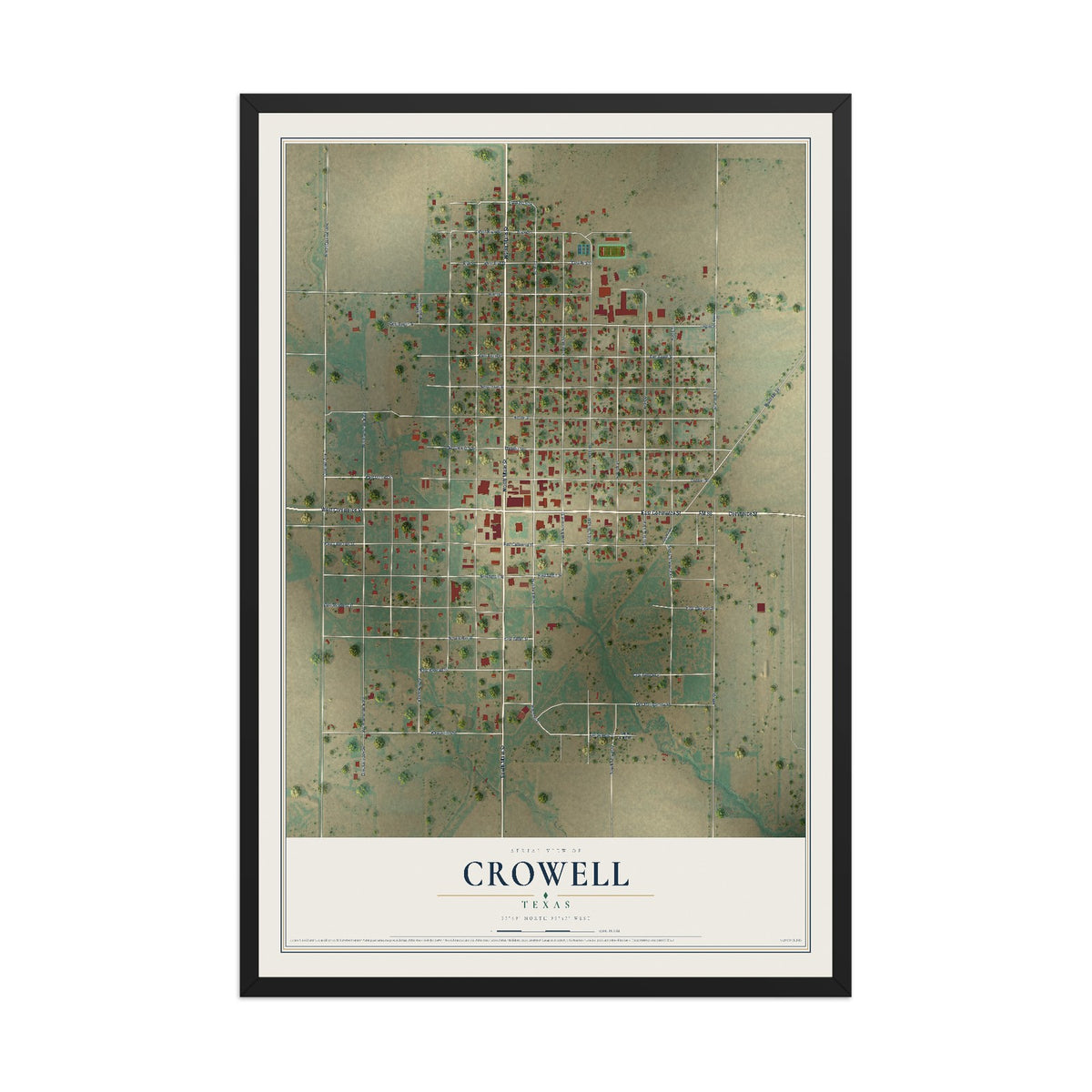 Map of Crowell, Texas, 12 x 18 inch print in a black wood frame