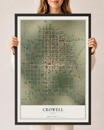 Map of Crowell, Texas, 24 x 36 inch print in a black wood frame