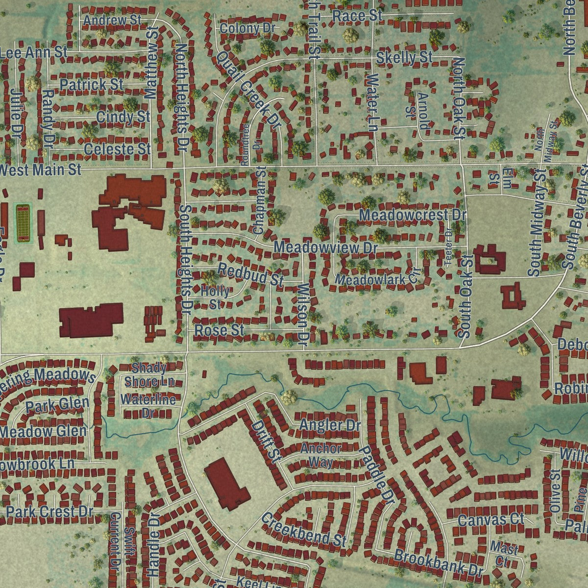 Close-up of the map of Crowley, Texas print showing street and building detail