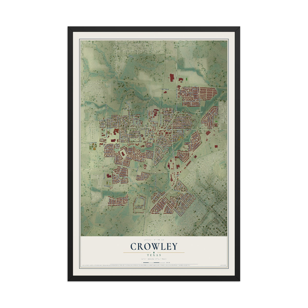 Map of Crowley, Texas, 12 x 18 inch print in a black wood frame