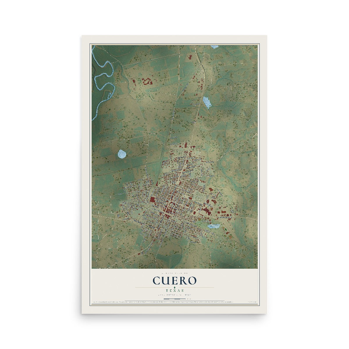 Map of Cuero, Texas, 12 x 18 inch unframed archival matte print