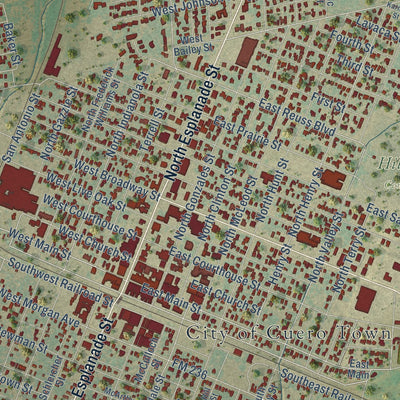 Close-up of the map of Cuero, Texas print showing street and building detail