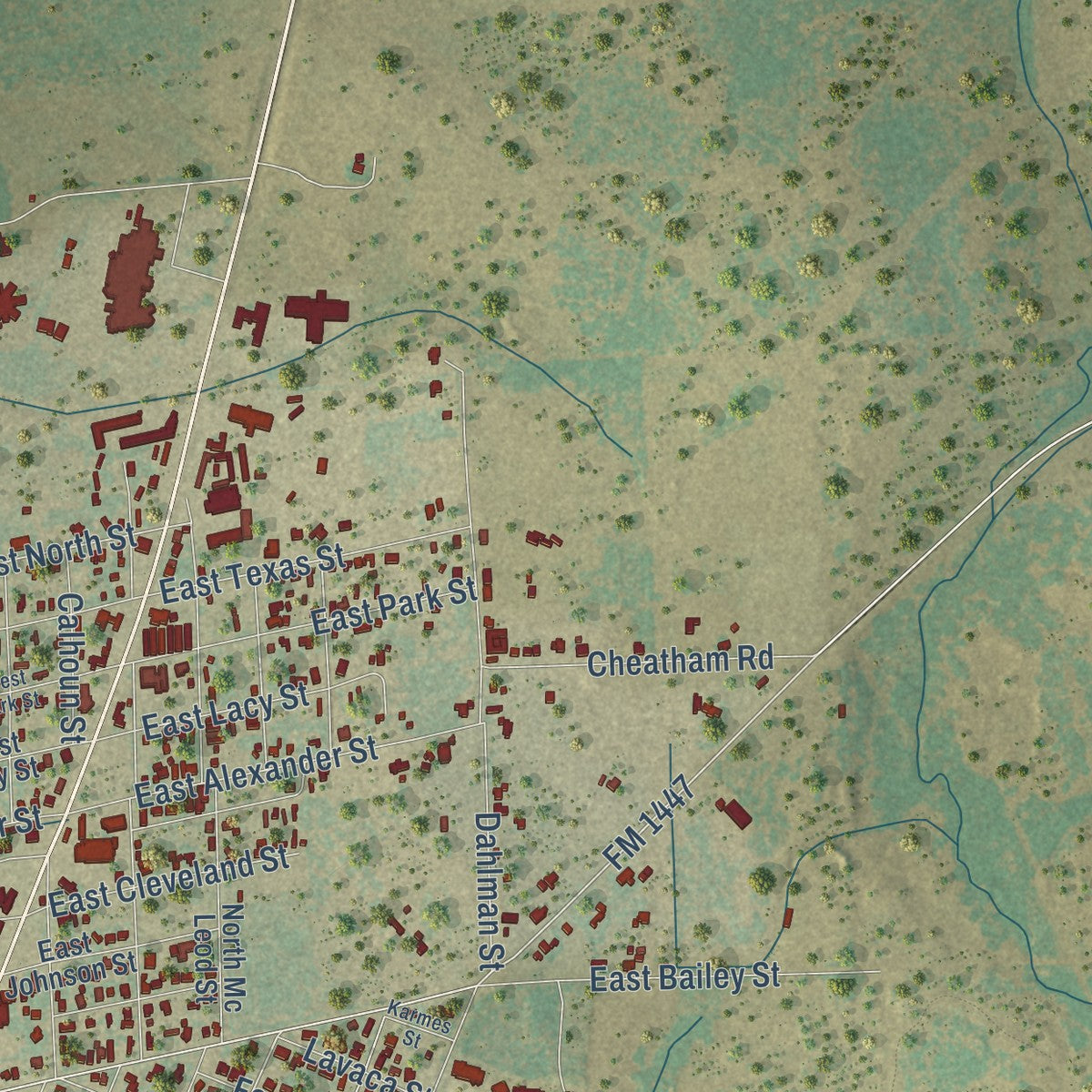 Second close-up of the map of Cuero, Texas print showing more streets and buildings