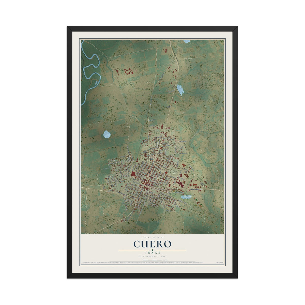 Map of Cuero, Texas, 12 x 18 inch print in a black wood frame