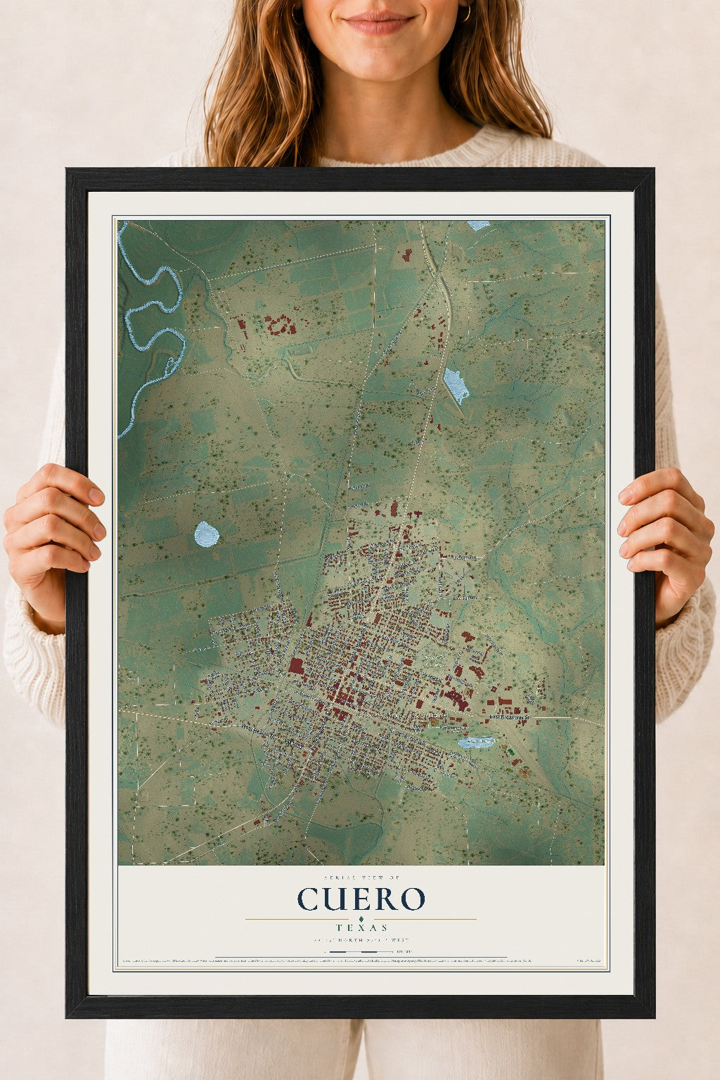 Map of Cuero, Texas, 18 x 24 inch print in a black wood frame