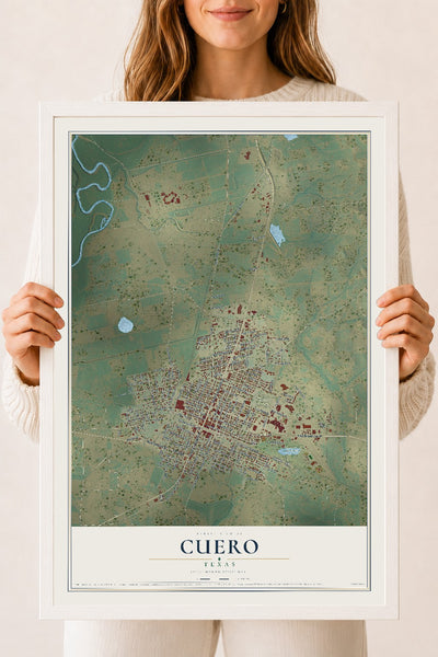 Map of Cuero, Texas, 18 x 24 inch print in a white wood frame