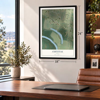 Cuevitas, Texas map, 18 x 24 inch print in a black frame in a home office