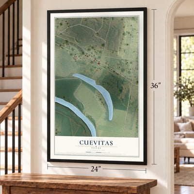 Cuevitas, Texas map, 24 x 36 inch print in a black frame by a staircase