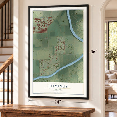 Cumings, Texas map, 24 x 36 inch print in a black frame by a staircase