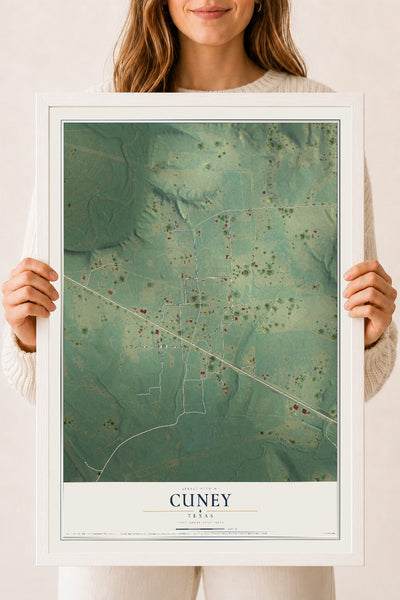 Map of Cuney, Texas, 18 x 24 inch print in a white wood frame
